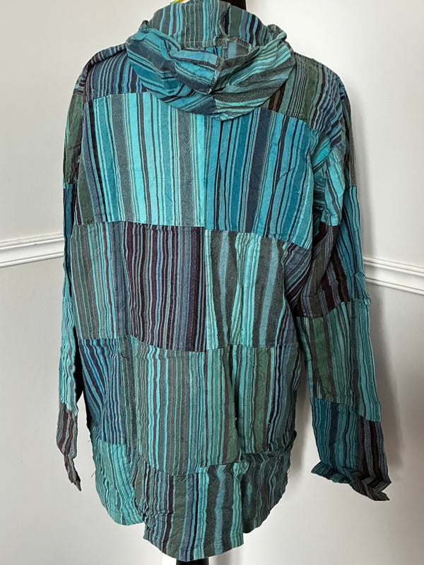 Patchwork Seersucker Hooded Shirt, M