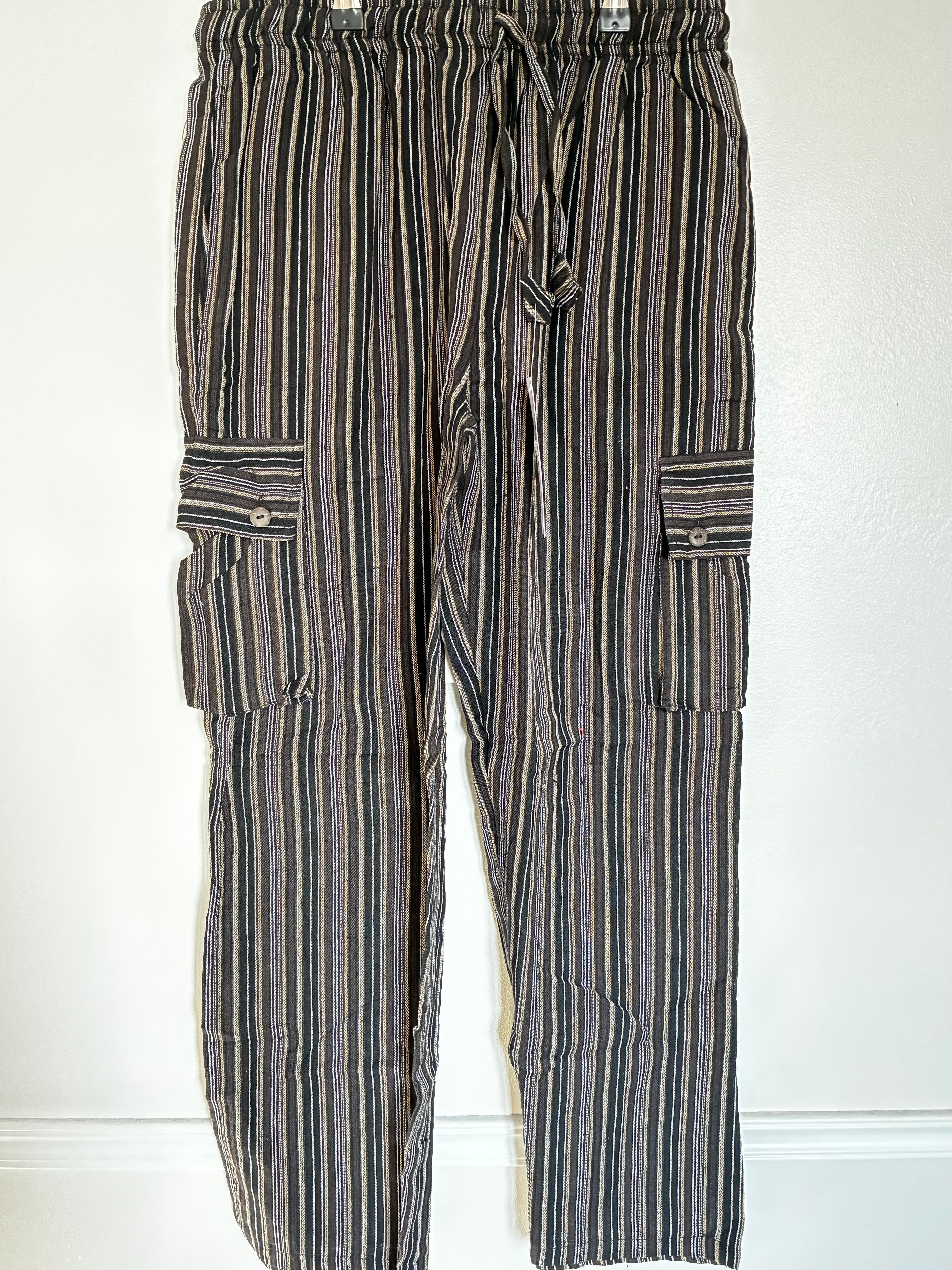 Black/Grey Striped Cotton Cargo Trousers, XXL