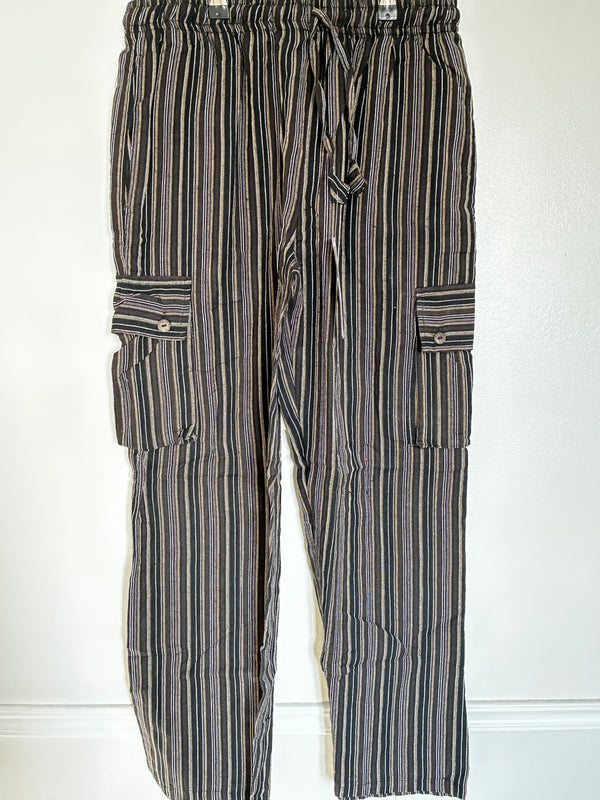 Black/Grey Striped Cotton Cargo Trousers, XL