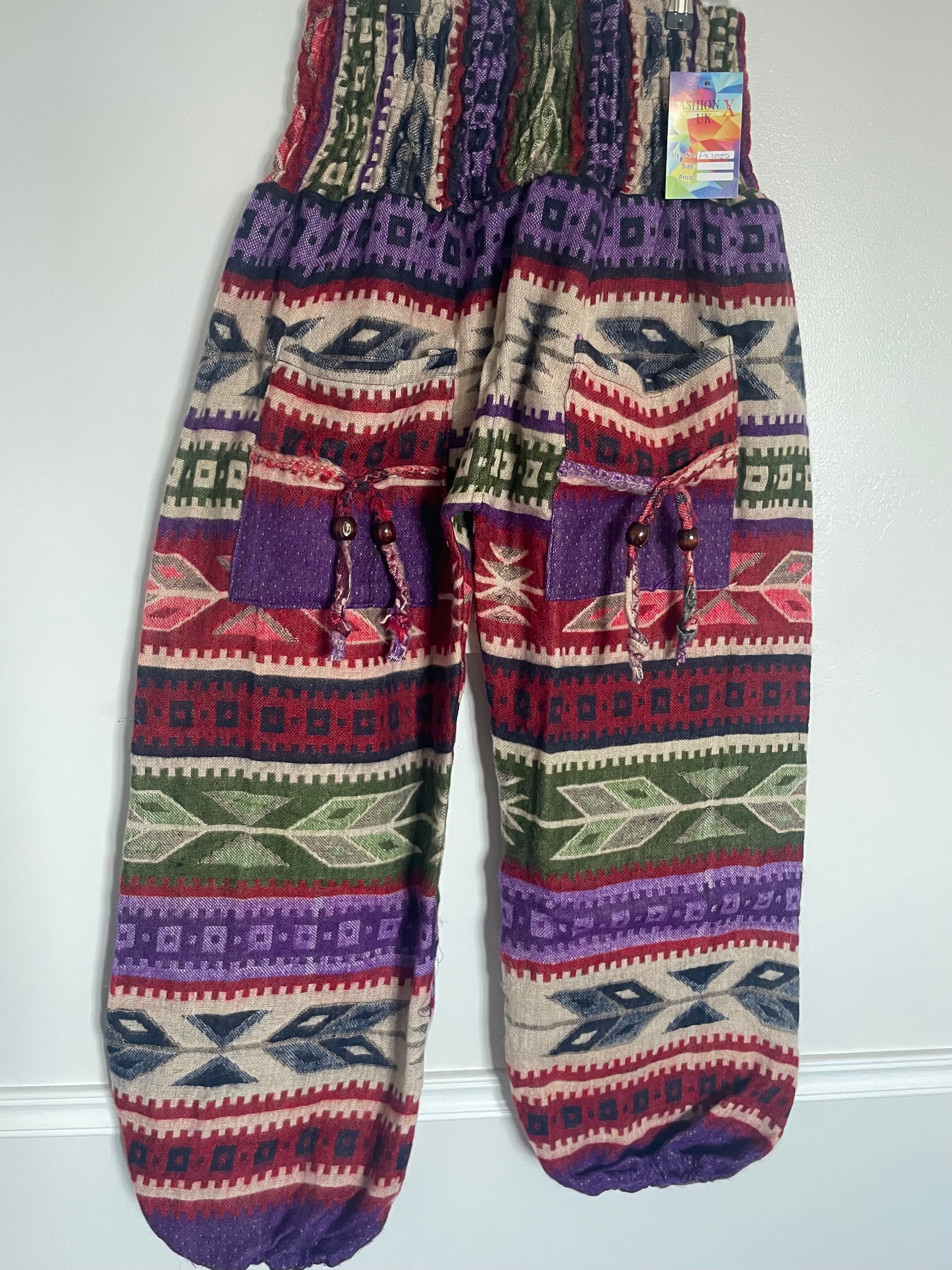 Snuggly Purple/Red Aztec Cashmelon Trousers, 26-49” Waist