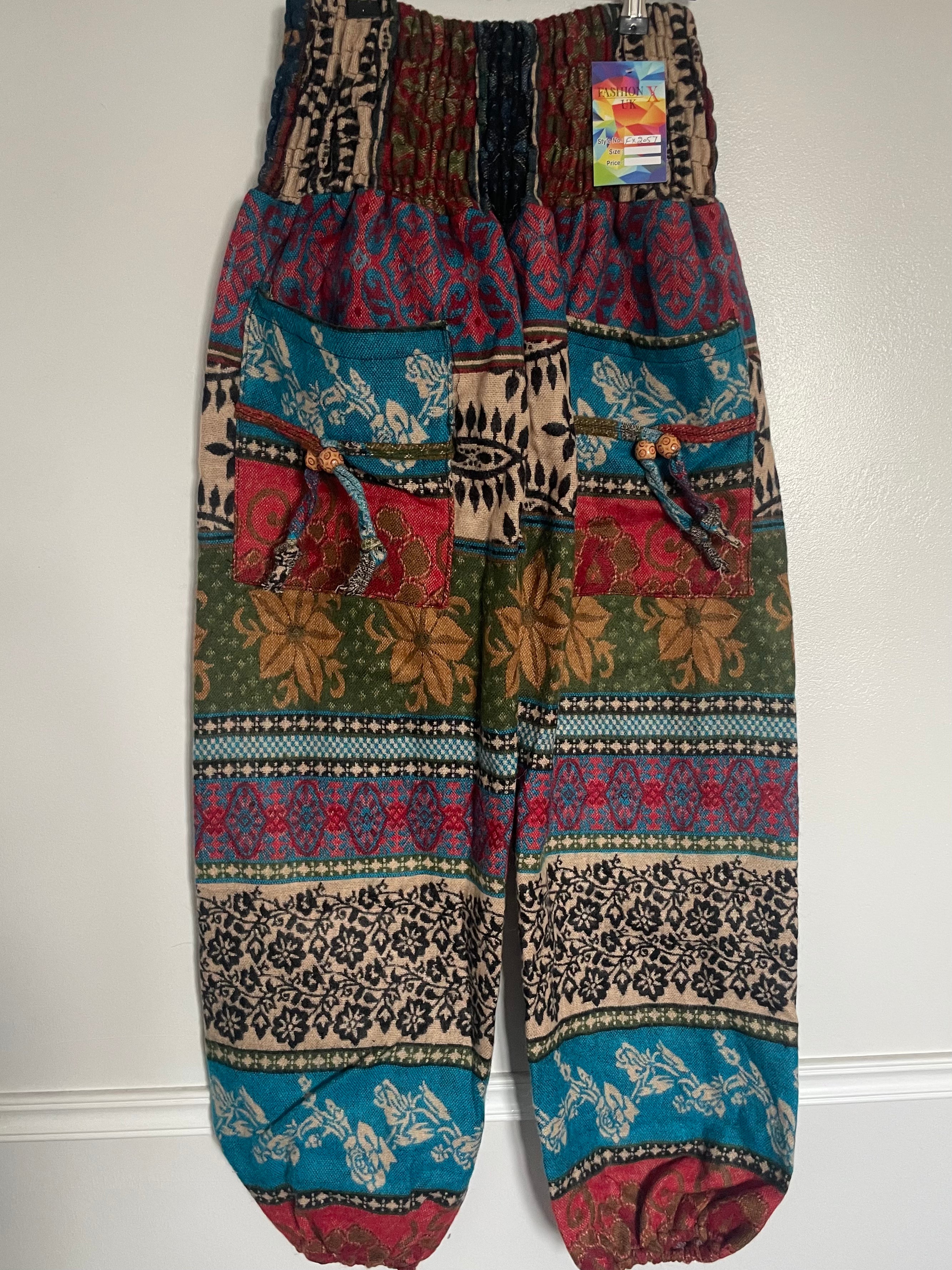 Snuggly Turquoise/Green Flower Cashmelon Trousers, 24-44” Waist