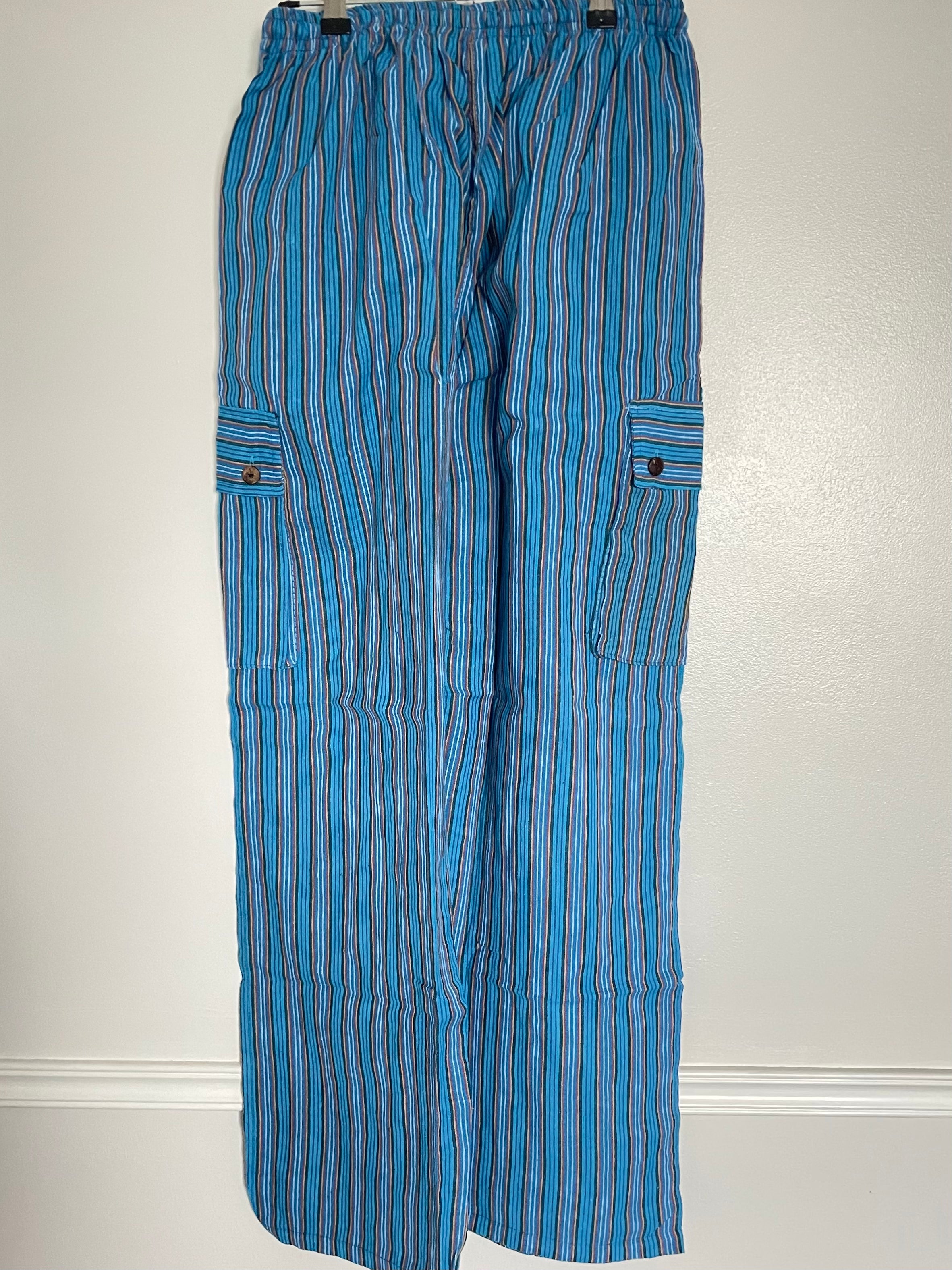 Blue/Orange Striped Cotton Cargo Trousers, S/M