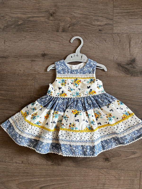 Blue/yellow dress with flowers and lining (3-6 mths)