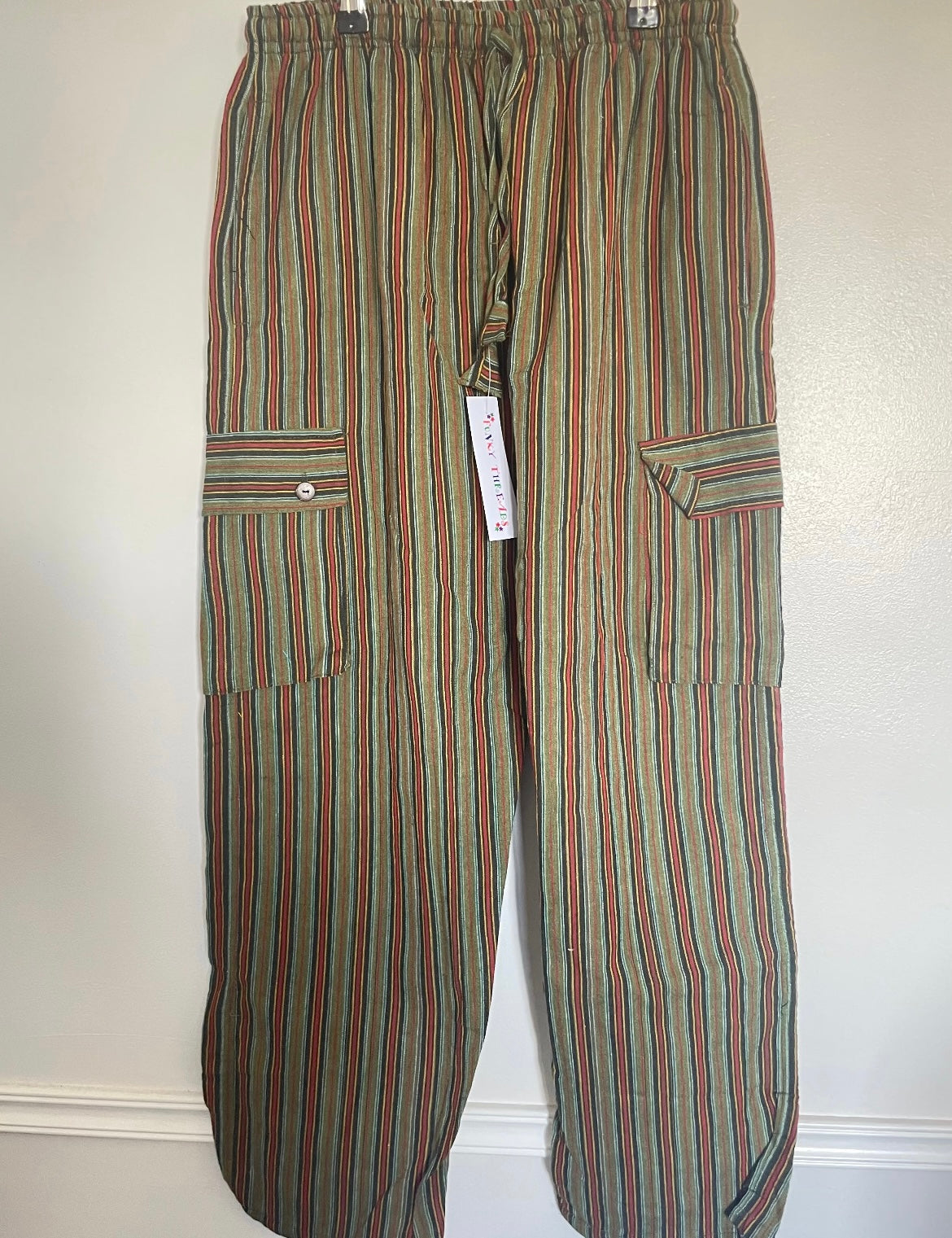 Dark Green/Red Striped Cotton Cargo Trousers, L