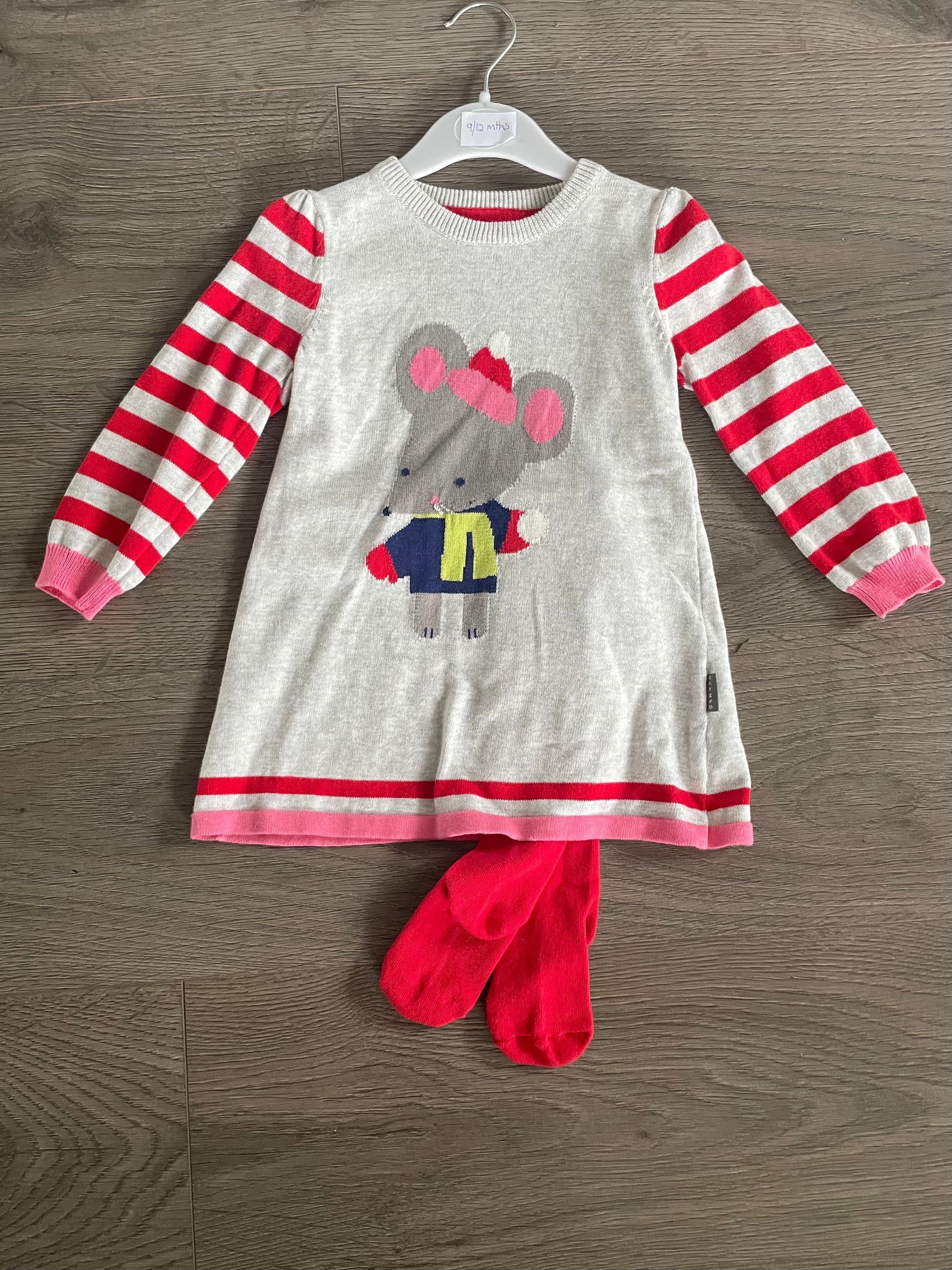 Grey Jersey Dress with Red Tights (9-12 mths)