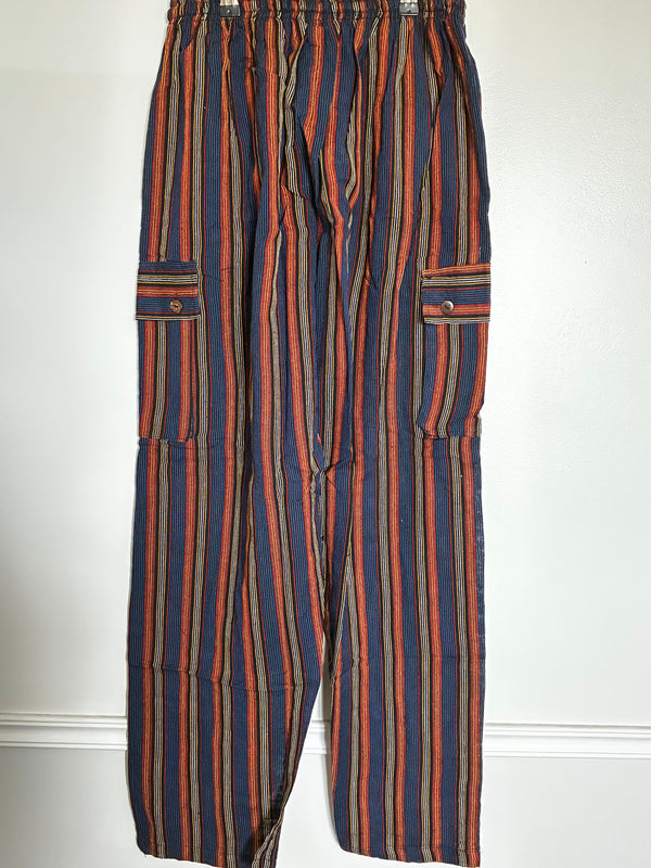 Blue/Orange Striped Cotton Cargo Trousers, XXL