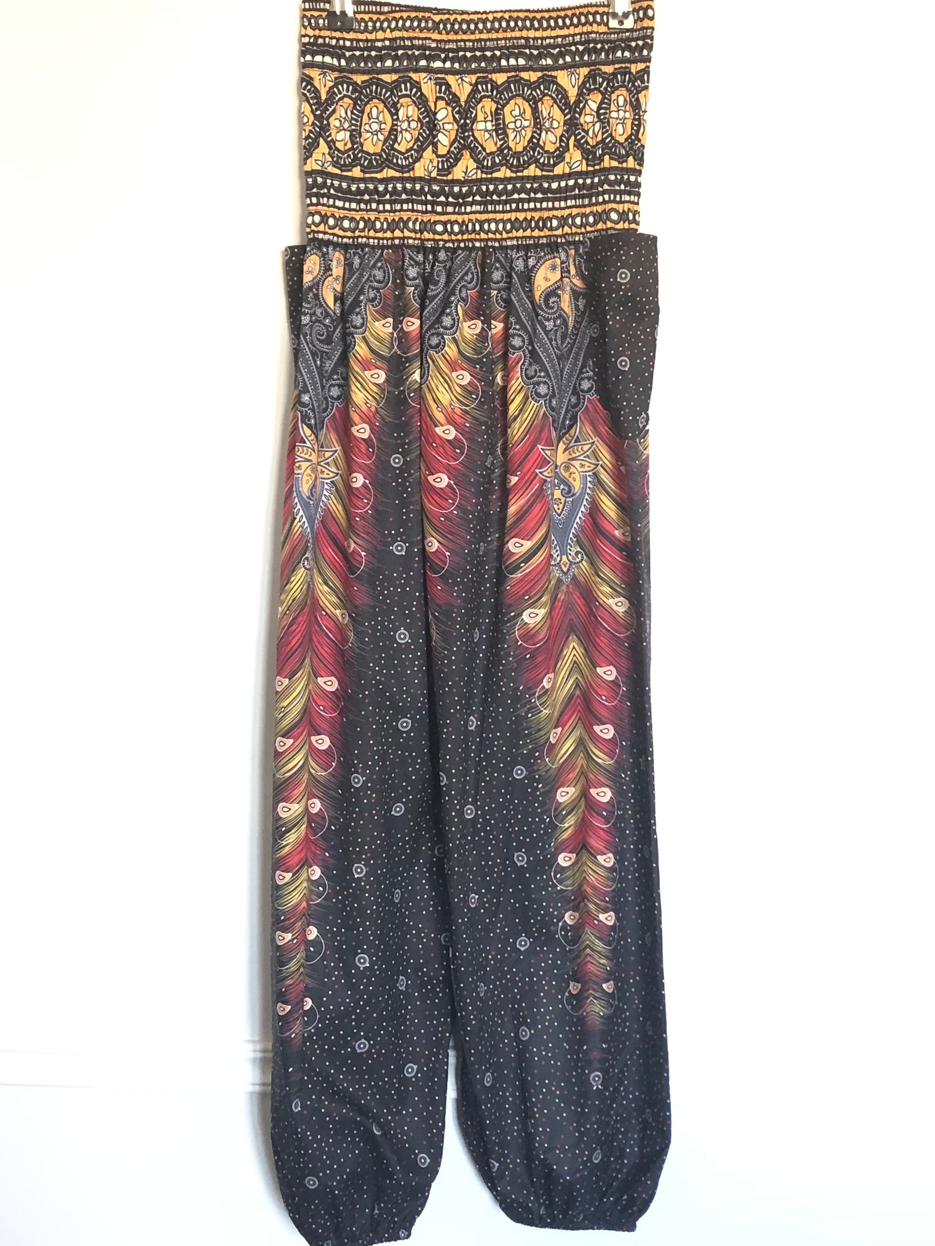 Black/Gold Peacock Feather Harem Trousers, 22”-41” waist