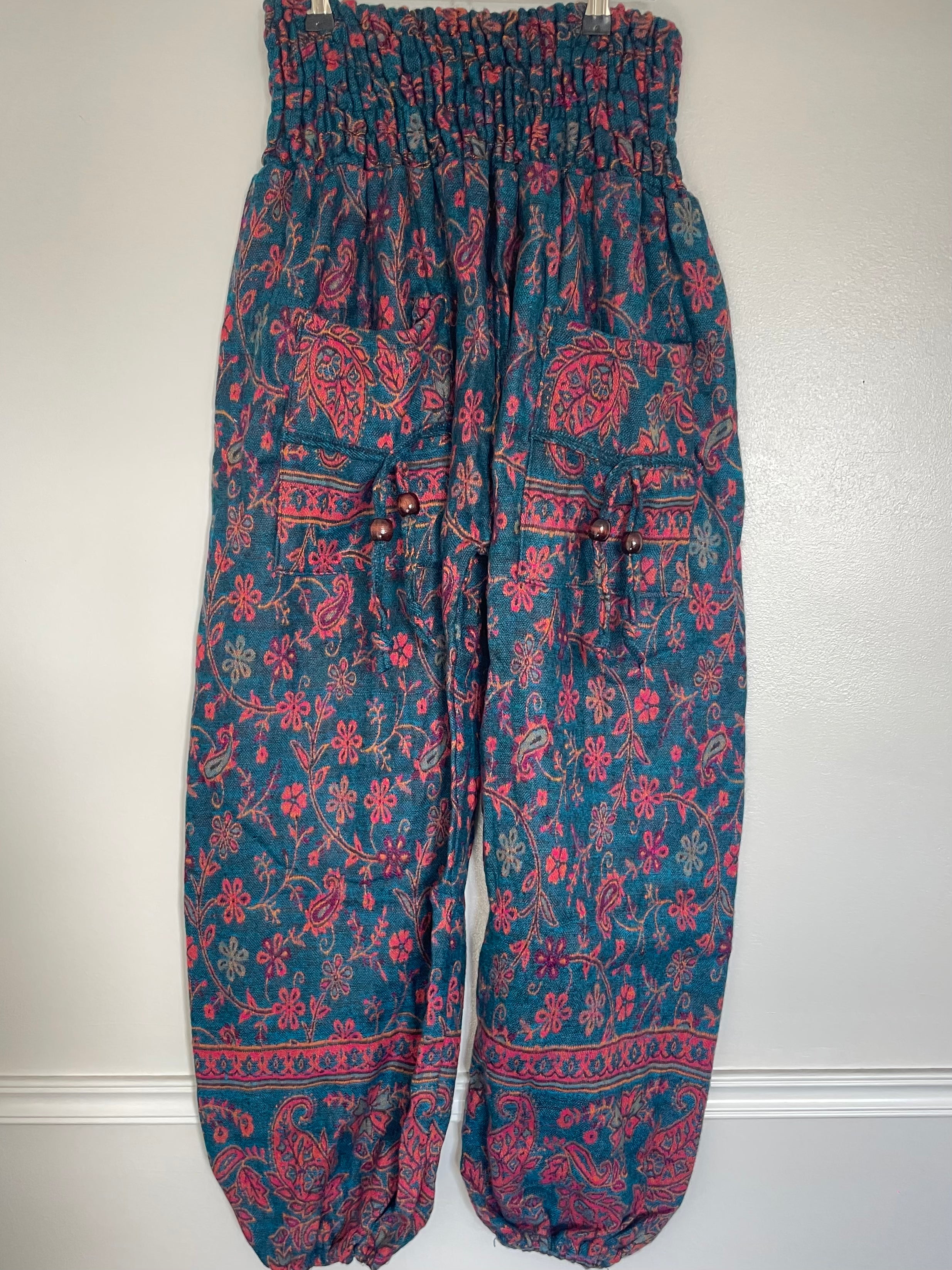 Snuggly Turquoise/Pink Paisley Cashmelon Trousers, 24-48” Waist
