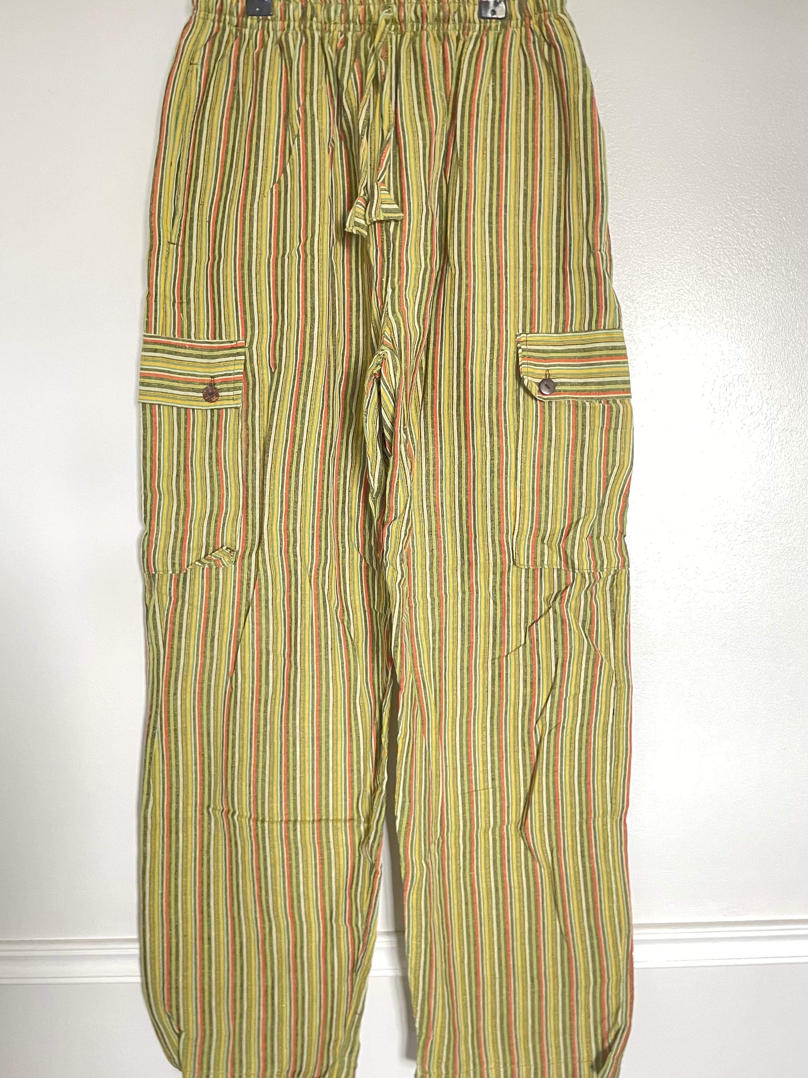 Green/Yellow Striped Cotton Cargo Trousers, S/M