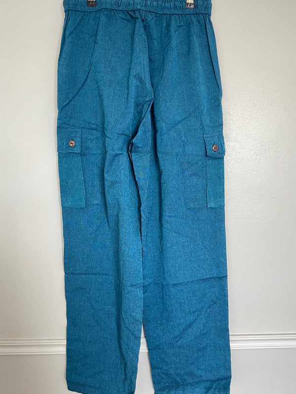 Turquoise Cotton Cargo Trousers, L