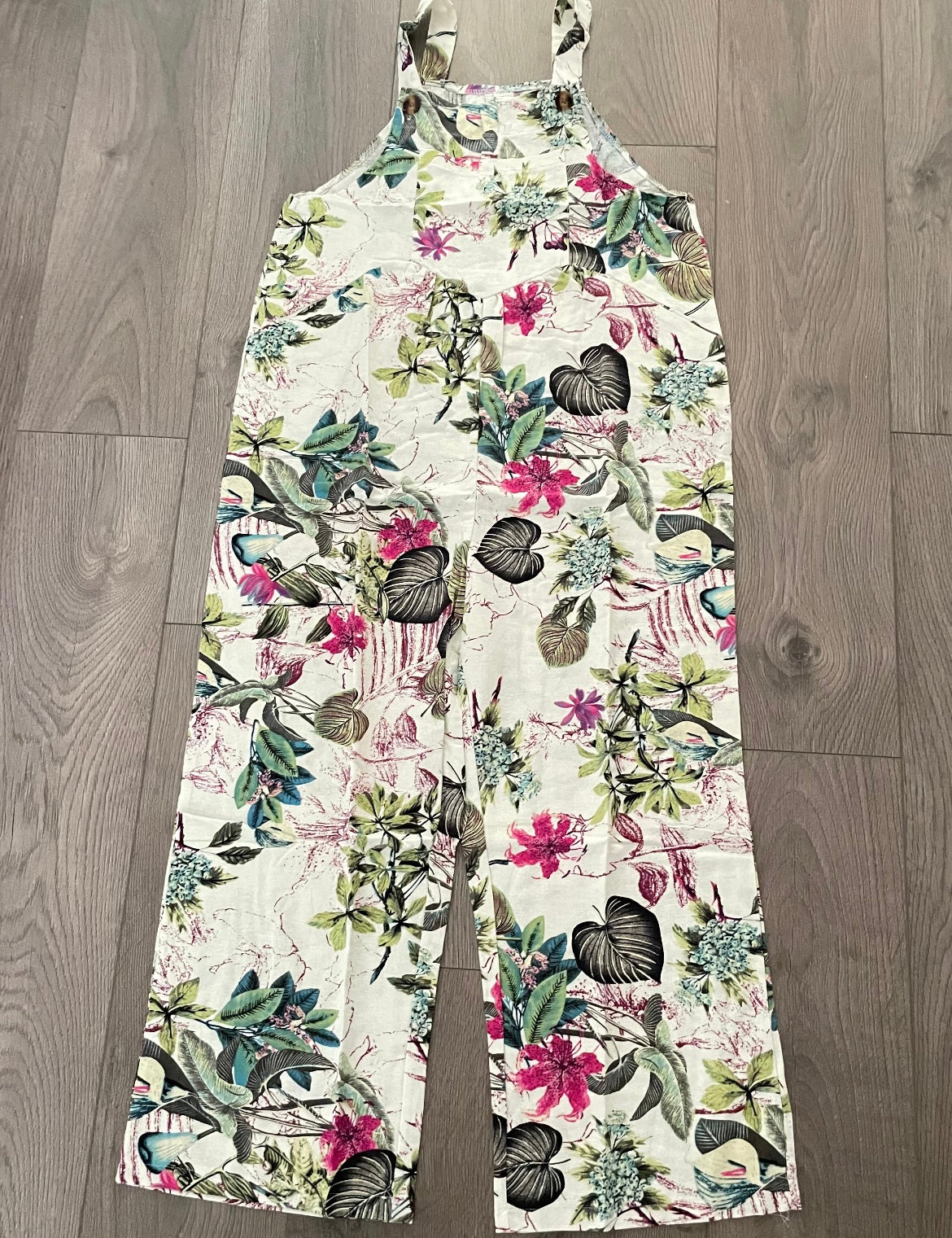 Cream dungarees with pink flowers, S