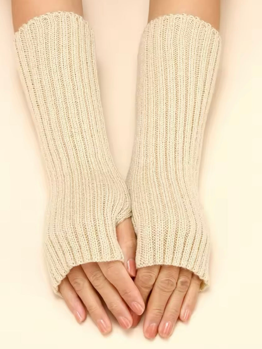 Beige Long Sleeve Knit Fingerless Gloves