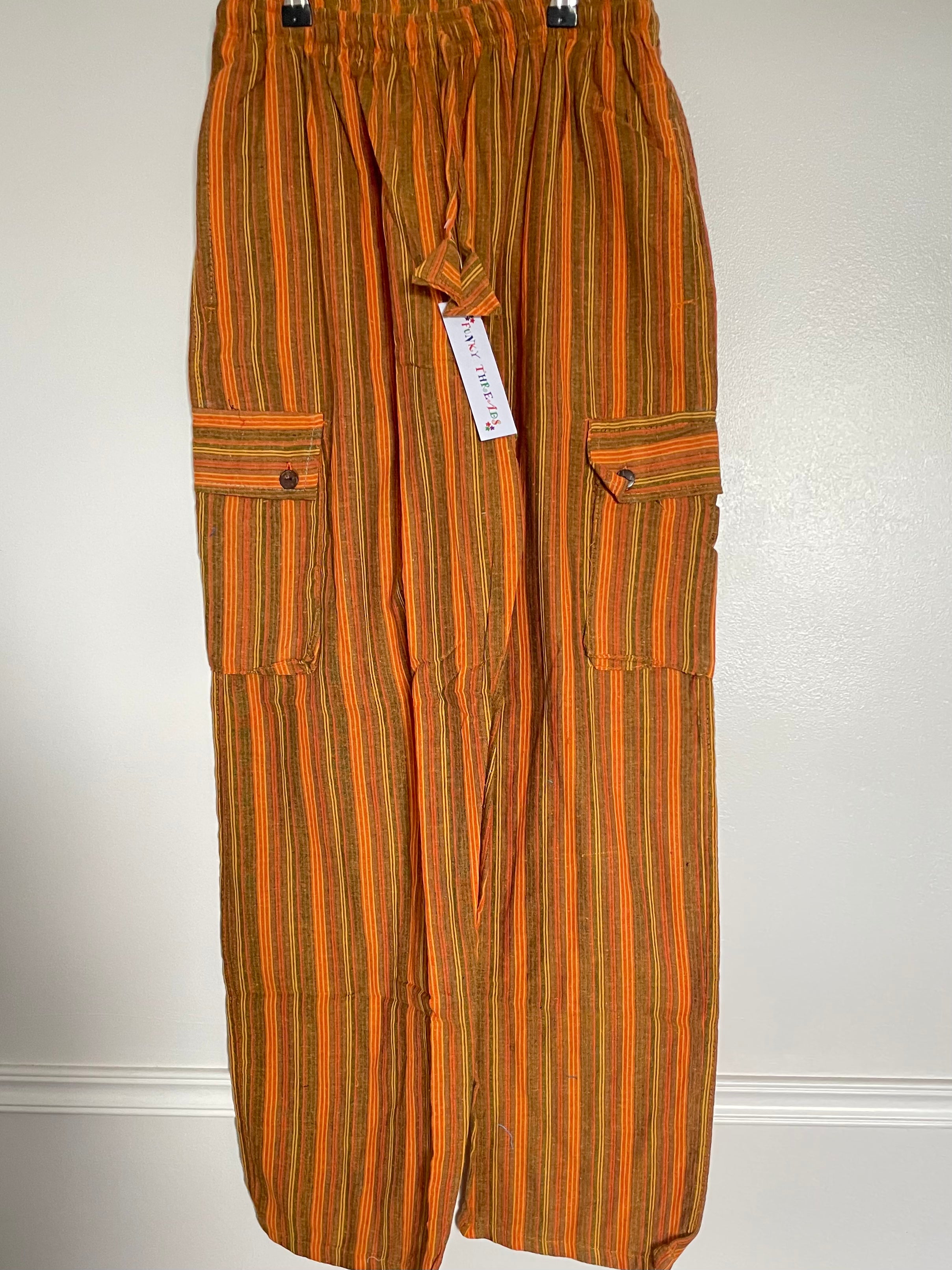 Orange Striped Cotton Cargo Trousers, S/M