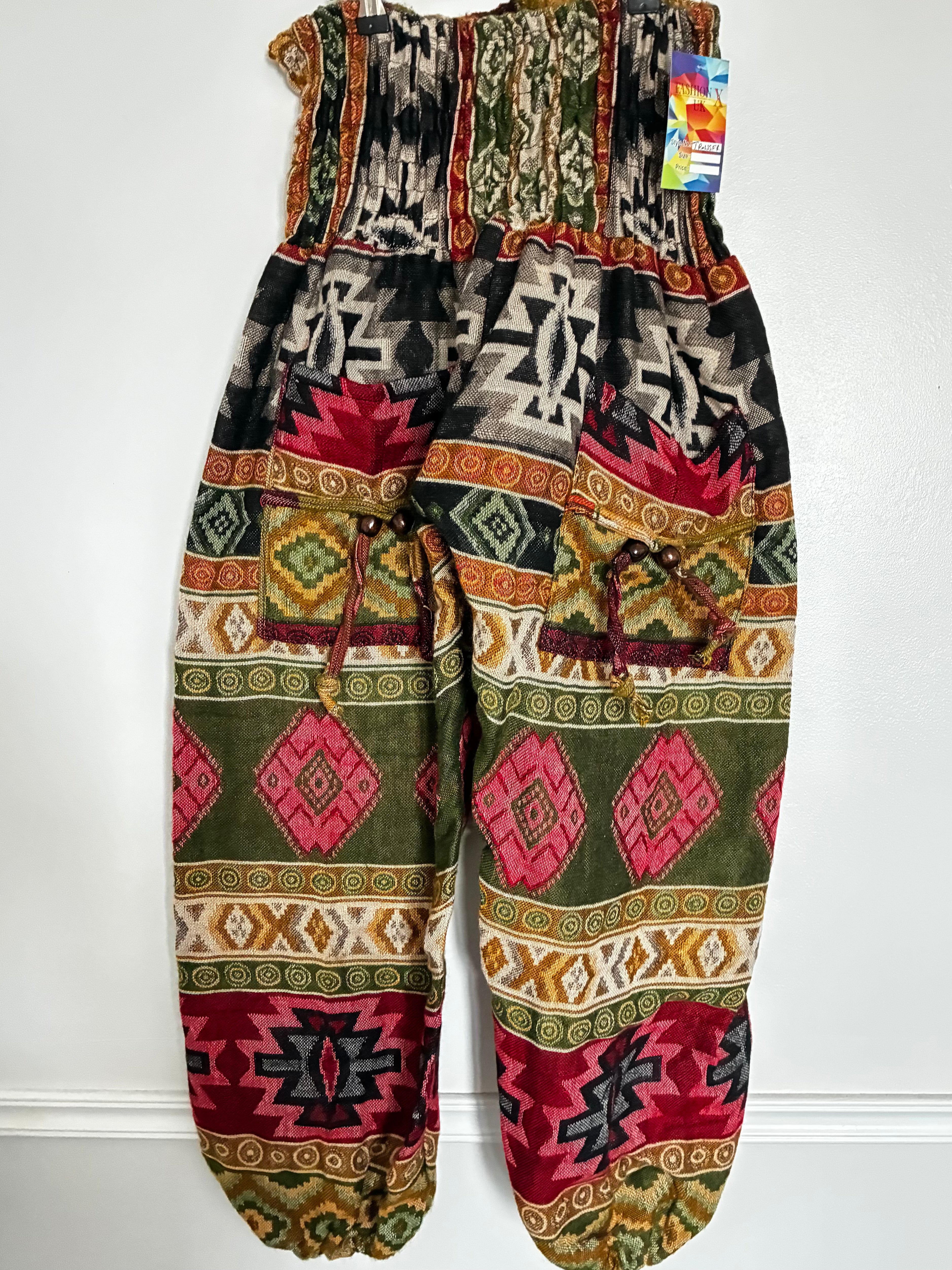 Fluffy Green/black/mustard Diamond Cashmelon Trousers, 28-50” Waist