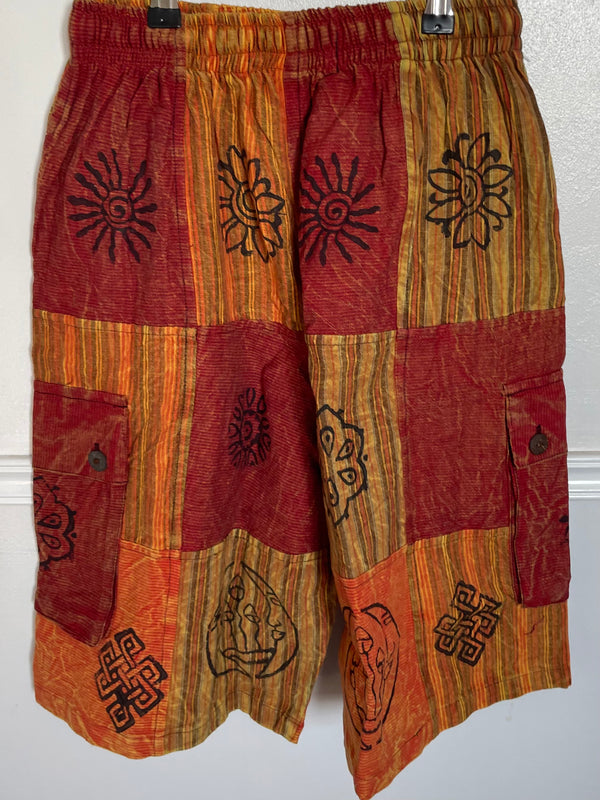 Orange/Red Patchwork Cargo Shorts, S/M