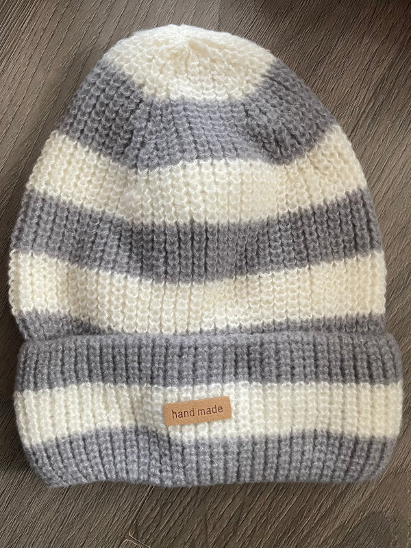 Grey/White Striped Beanie
