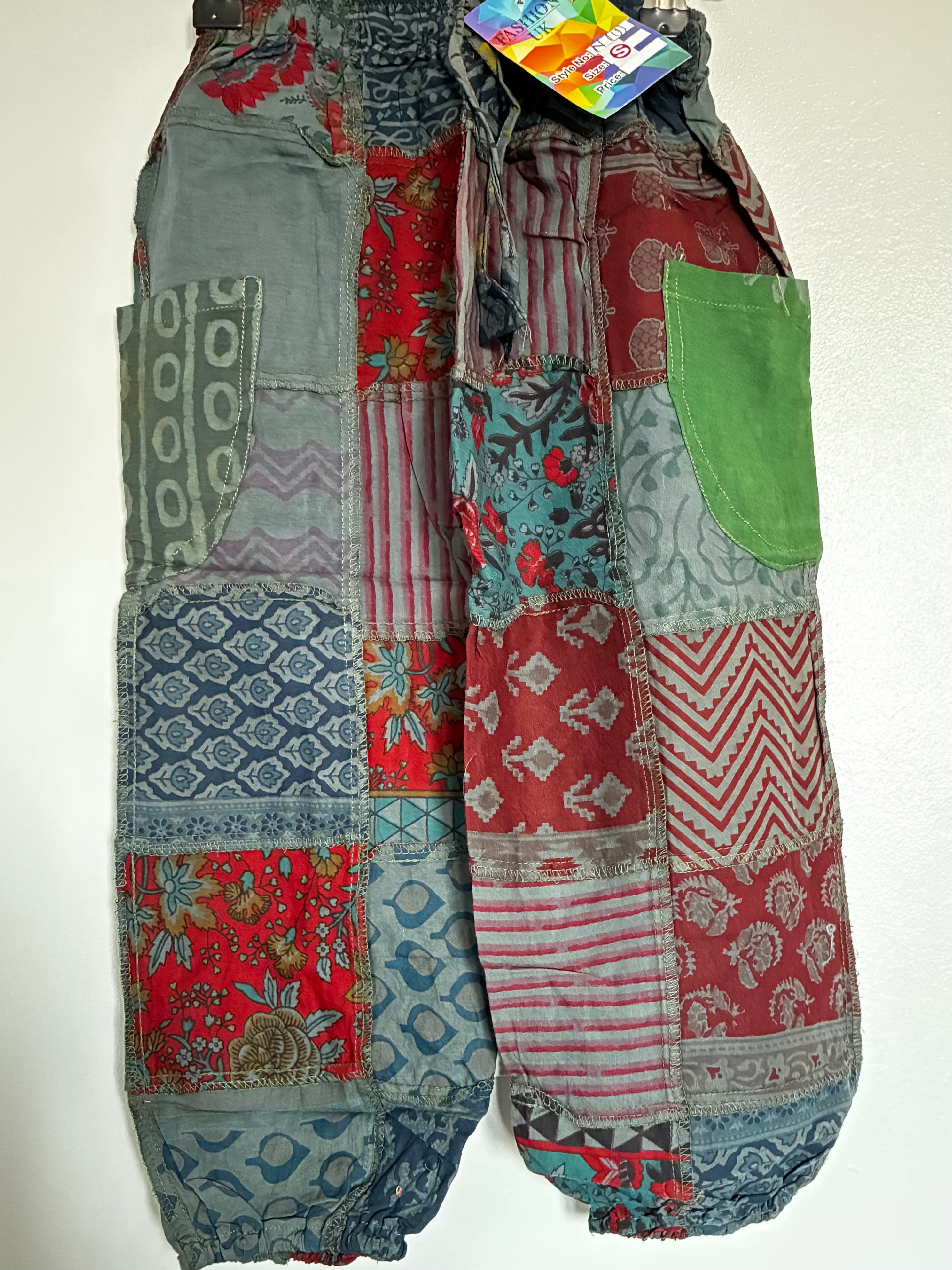 Grey/Burgundy Patchwork Harem Trousers, L/XL