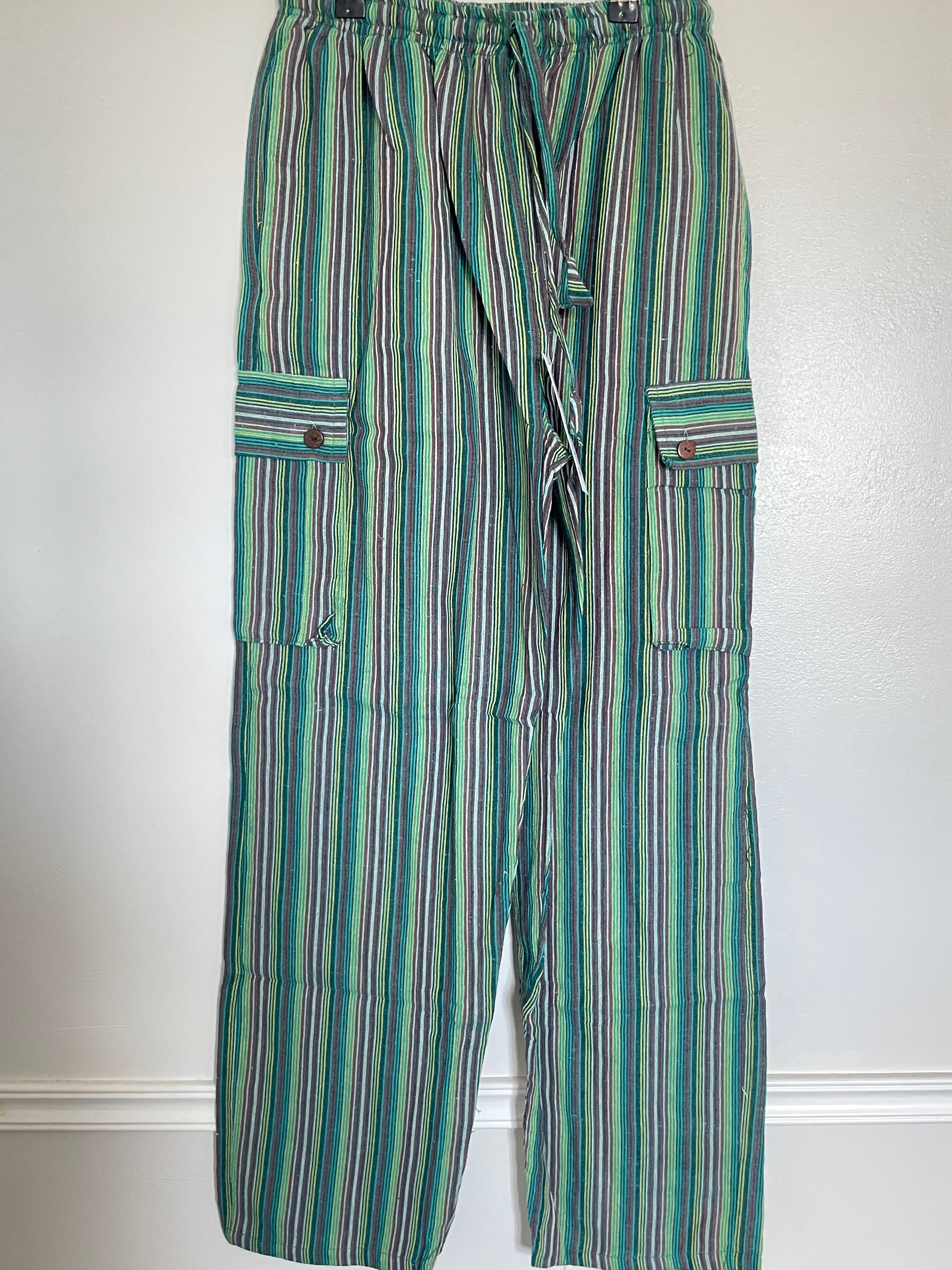 Green/Brown Striped Cotton Cargo Trousers, XL