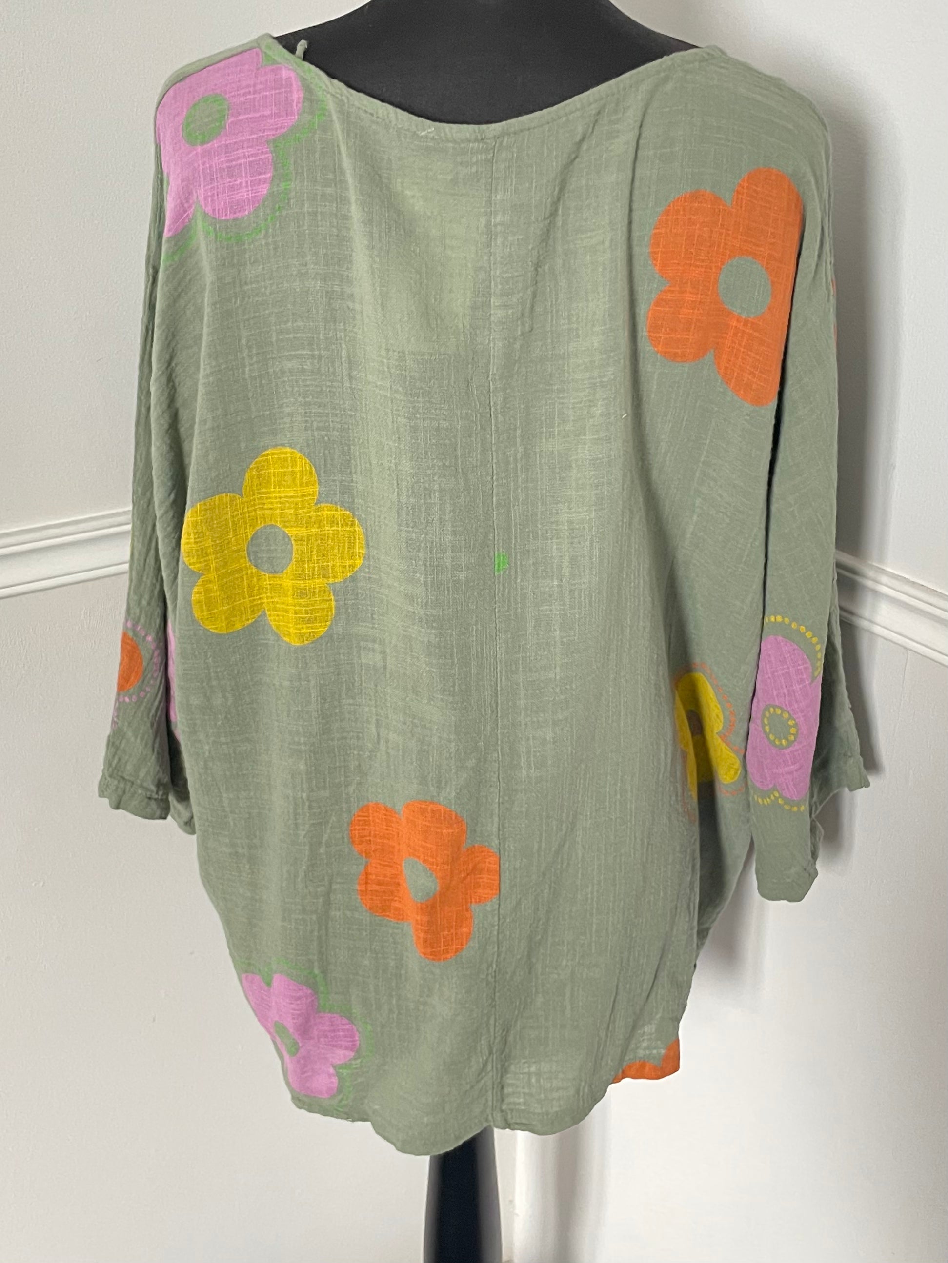 Olive Green Hippy Floaty Flower Top