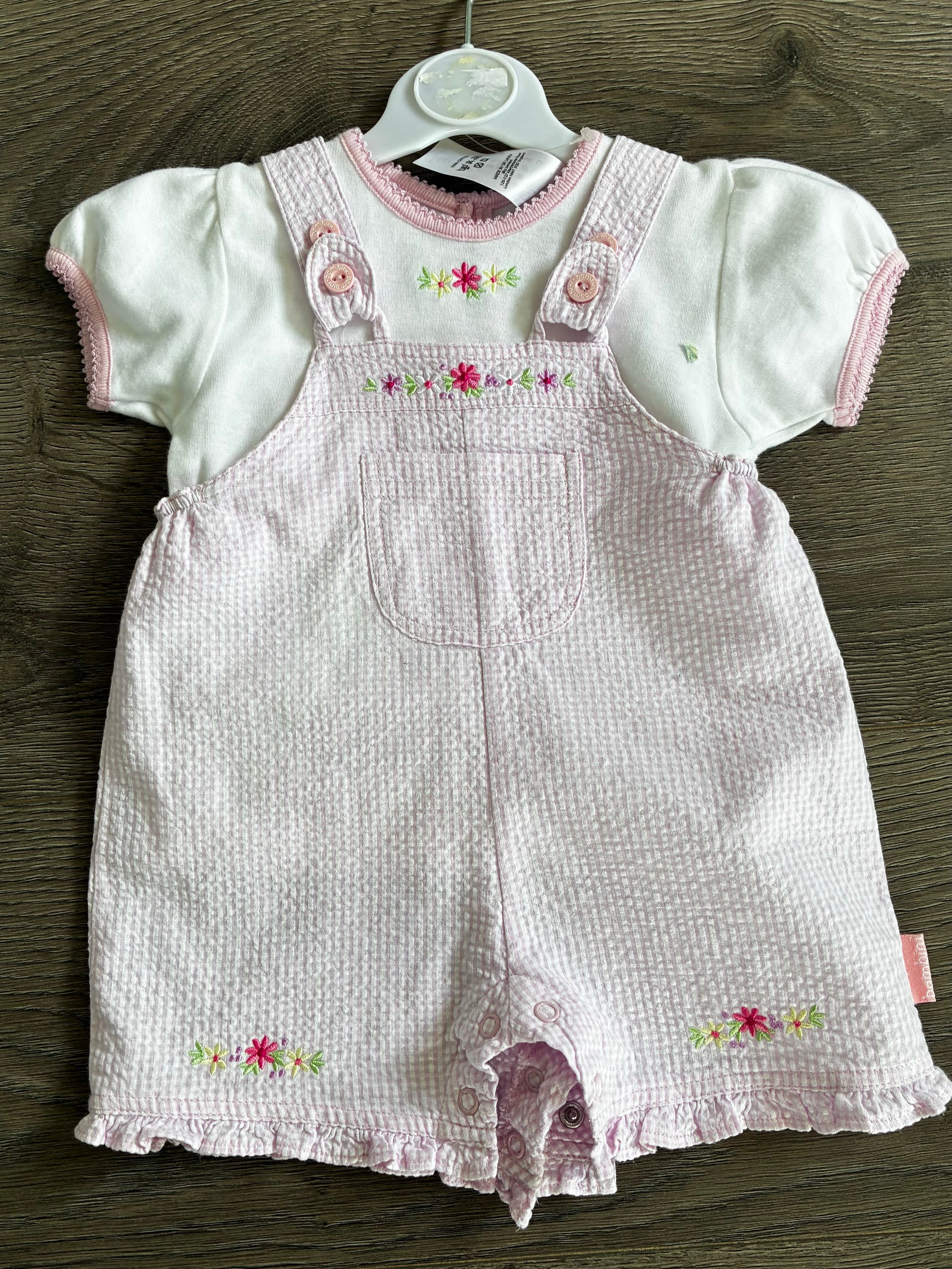Pink gingham dungarees and t shirt (3-6 mths)