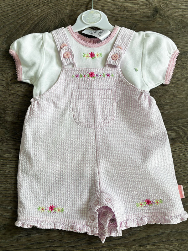 Pink gingham dungarees and t shirt (3-6 mths)