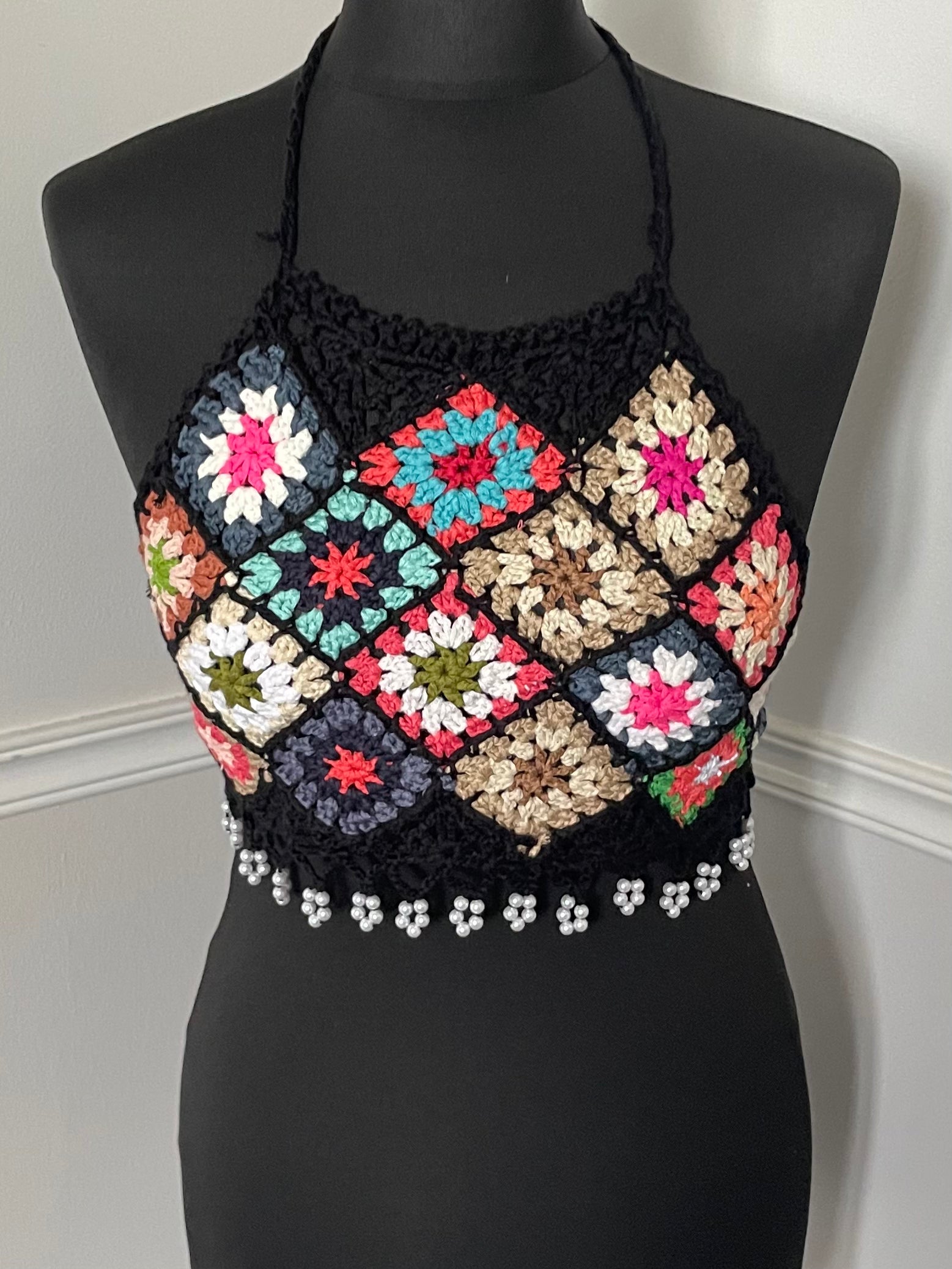 Pearl Crochet Black Crop Top