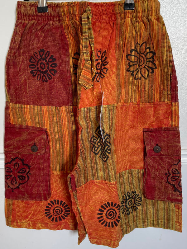 Orange/Red Patchwork Cargo Shorts, S/M