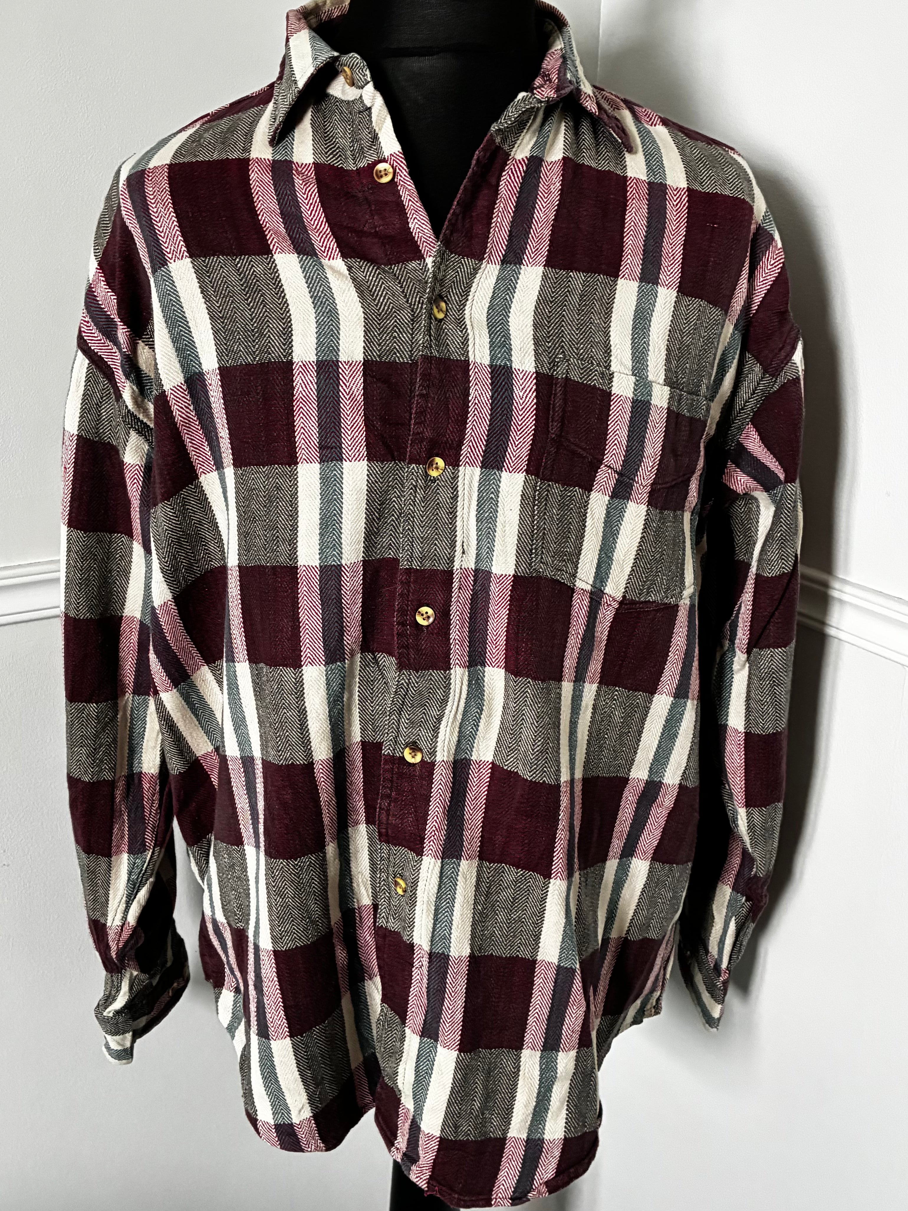 Thick Burgundy/Grey/Beige Checked Flannel, L