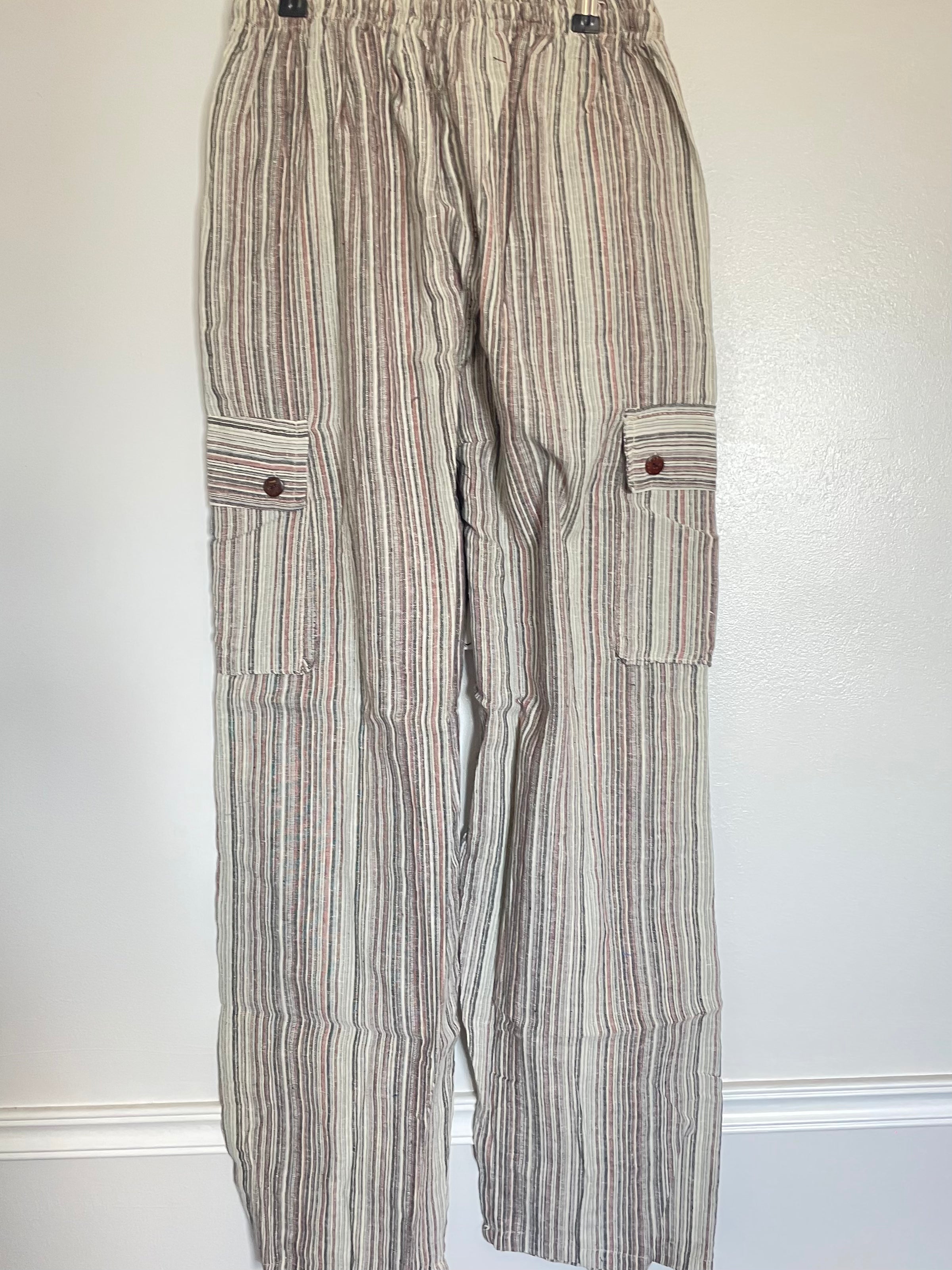 Beige Striped Cotton Cargo Trousers, L