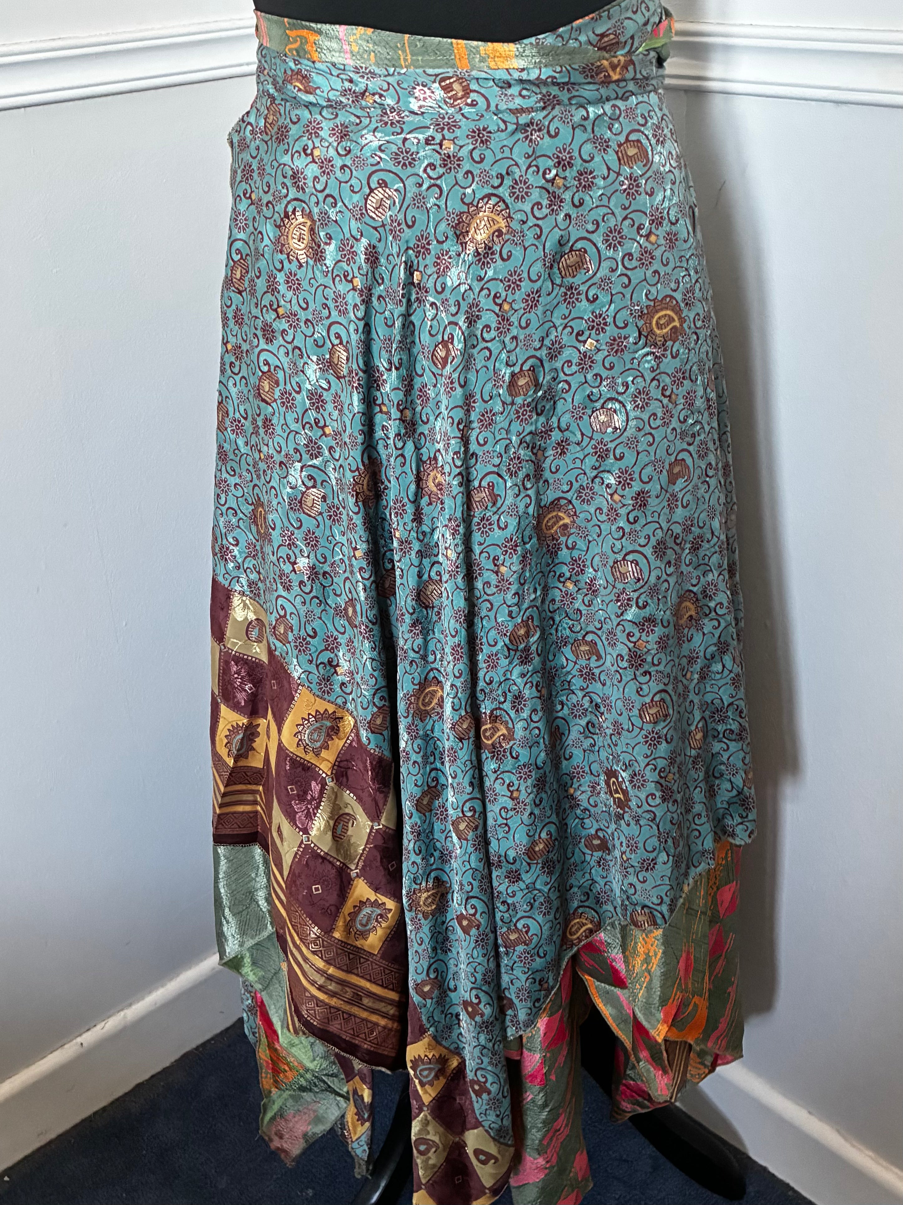 Recycled Saree Reversible Wrap Skirt with Pixie Hem