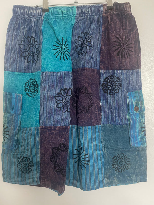 Blue Patchwork Cargo Shorts, L/XL