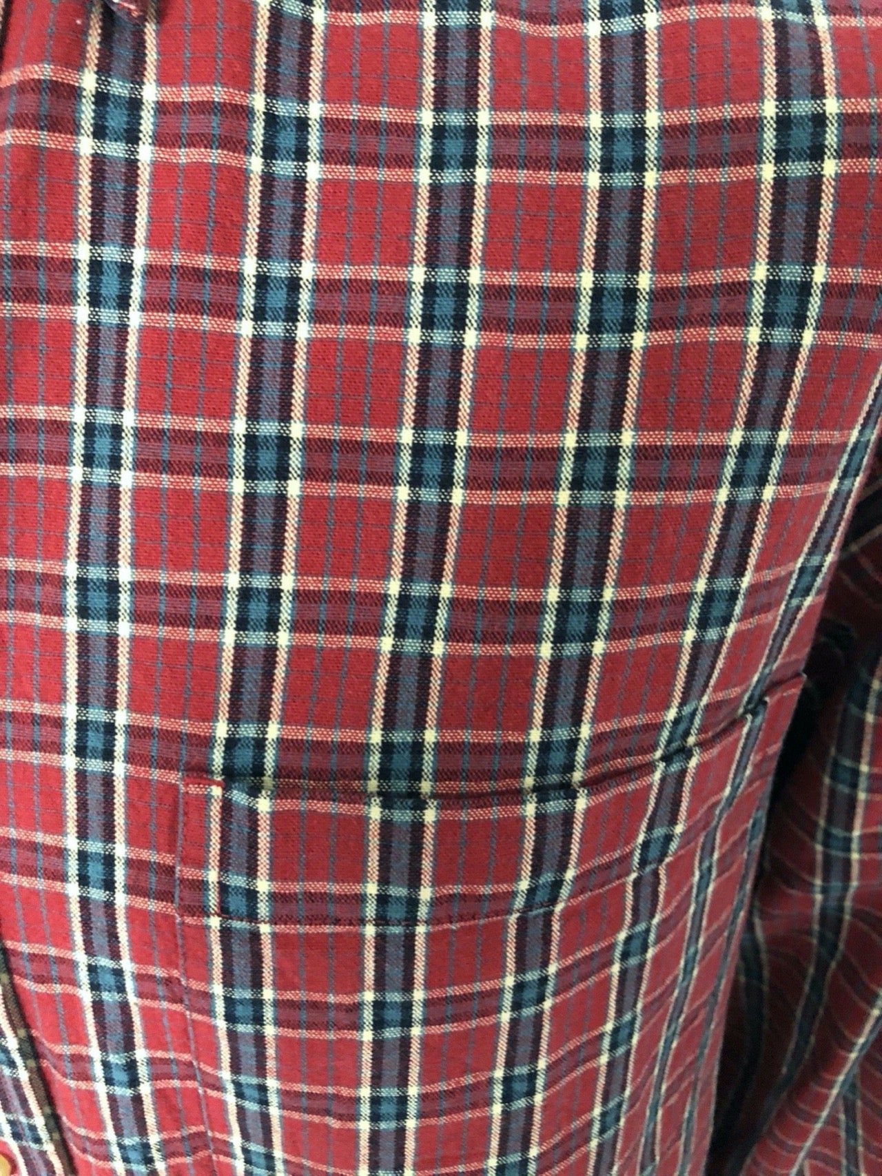 Vintage Thin Flannel Shirt, Eddie Bower, red, blue, black and white, pocket detail