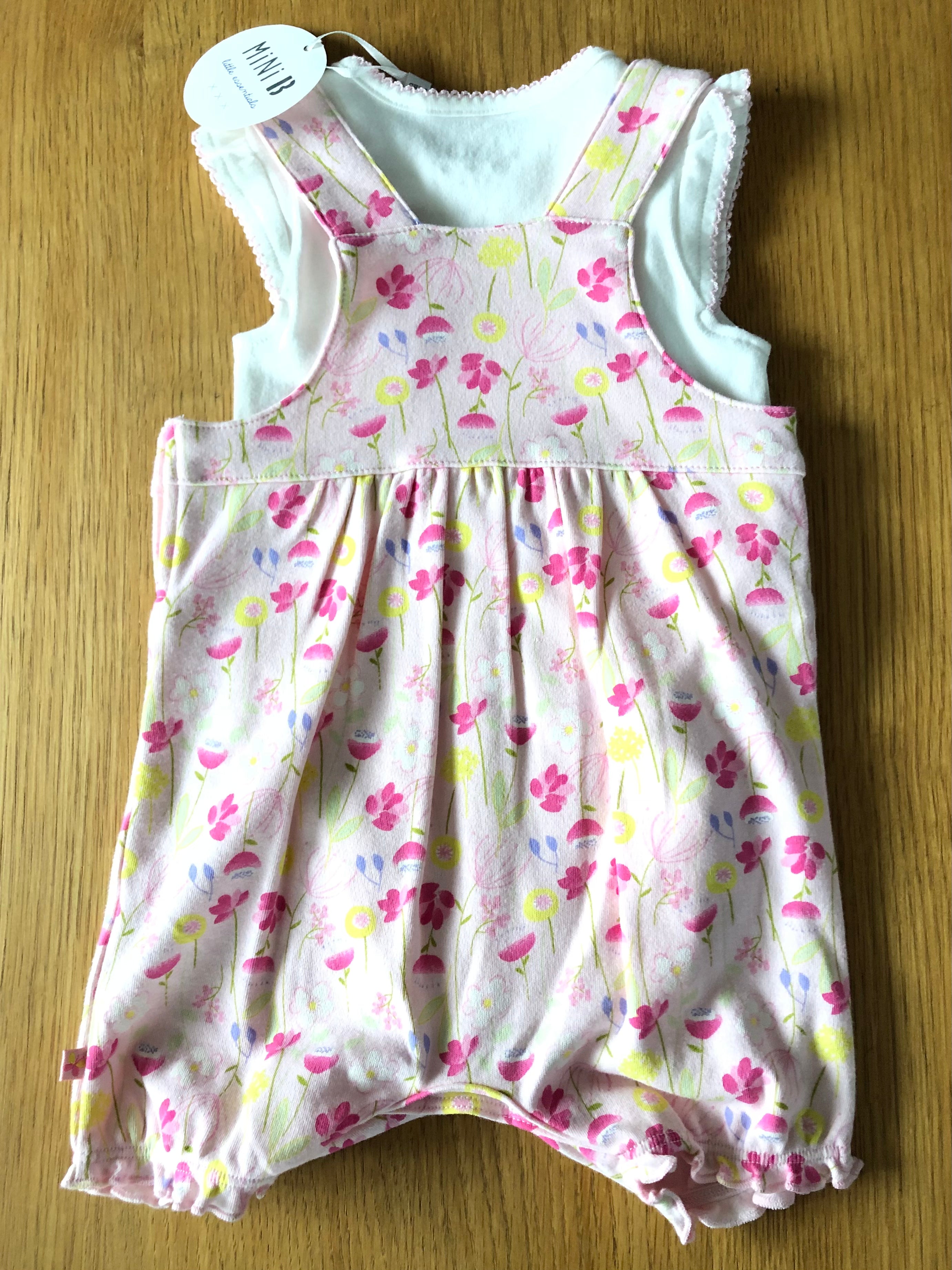 2 Piece Set, Pink Dungarees with Flowers and T-shirt (3-6mths)