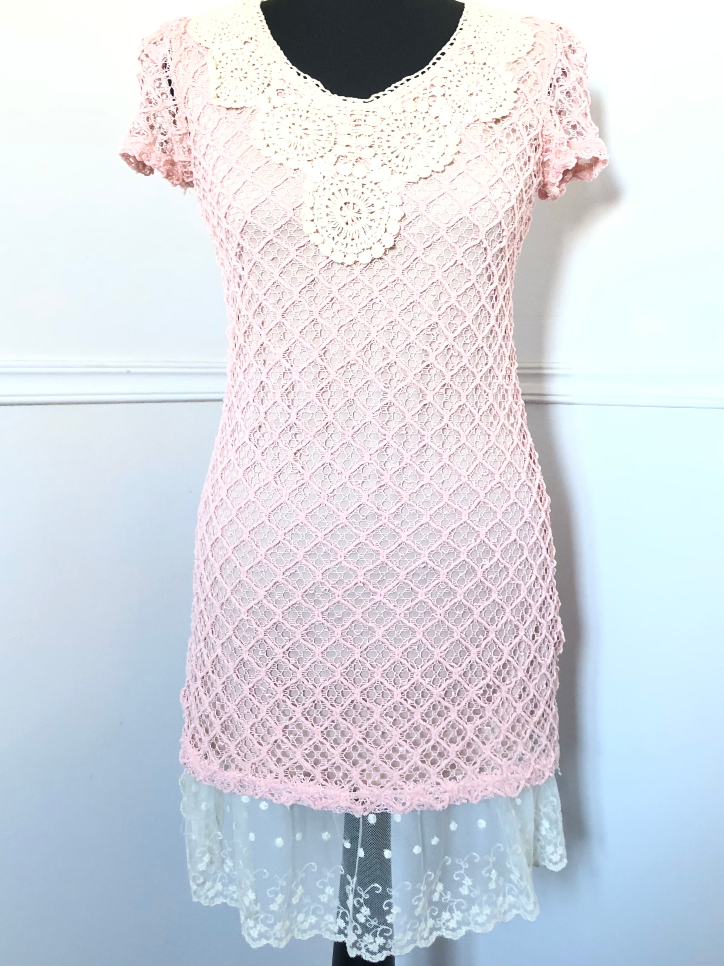 Pussycat Pink and White Crochet Dress, S